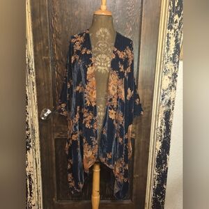 Love Stitch Floral Velvet Burnout Kimono/Jacket/Shawl in Navy and Orange Sz OS